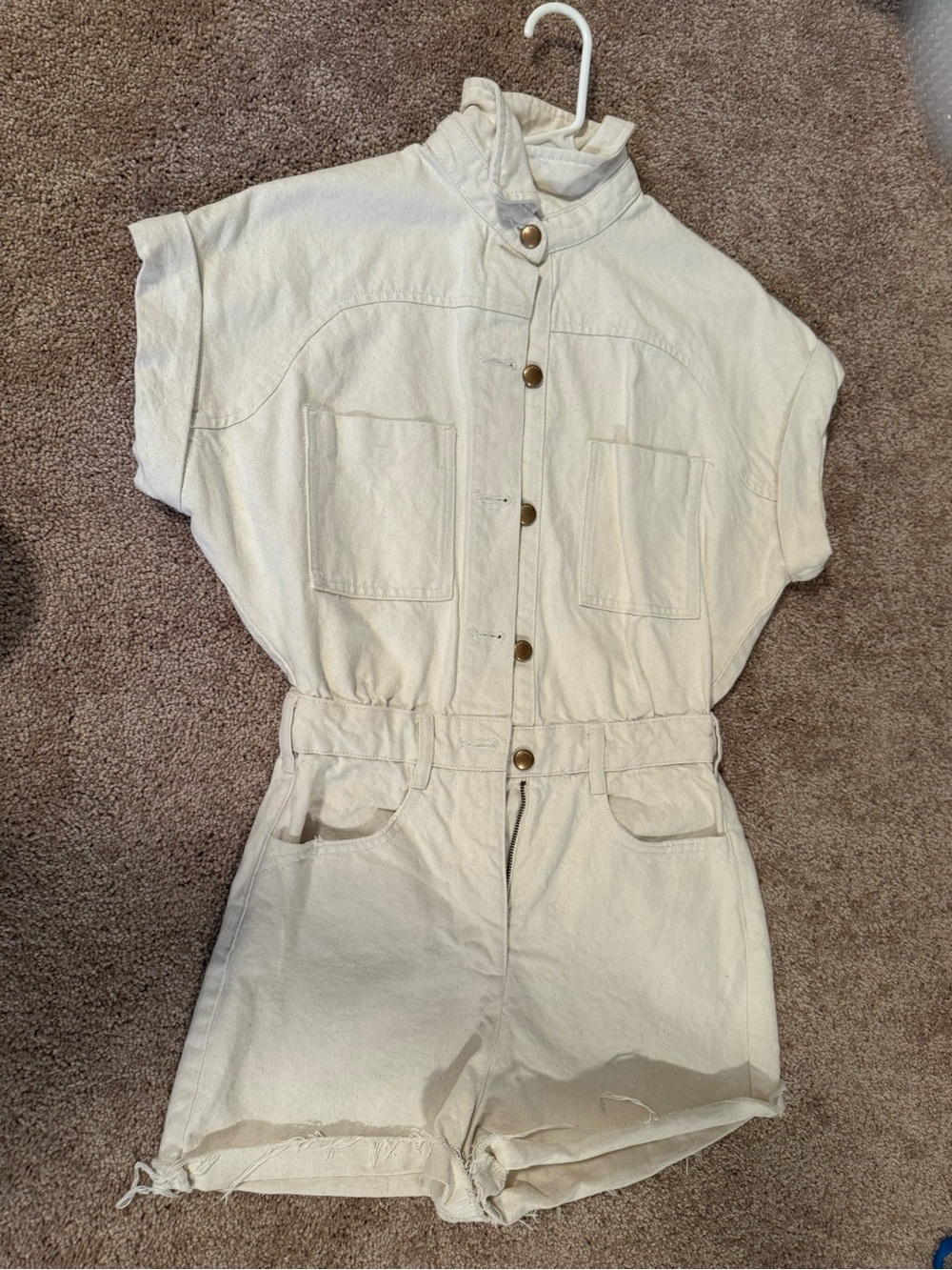 Zara Cream denim Button-Front Short Sleeve Romper - Picture 1 of 4